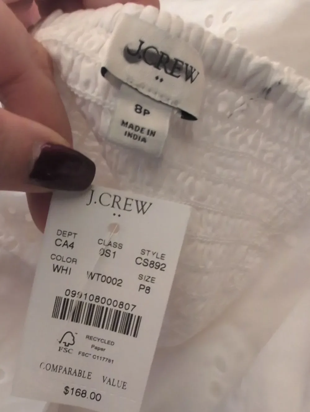 NWT J. Crew Eyelet embroidered midi dress White Lined Heart Neckline Size 8P